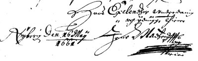 Jens Madtzens underskrift p skrivelse fra 16. maj 1661. Kilde: Jrgen Frslund-Jensen.